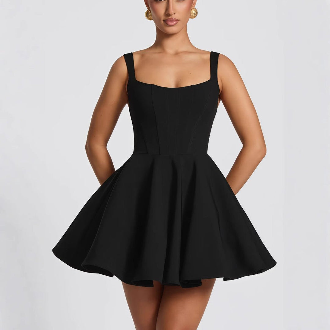 Square-Neck Flared Mini Cocktail Dress with Bow Back