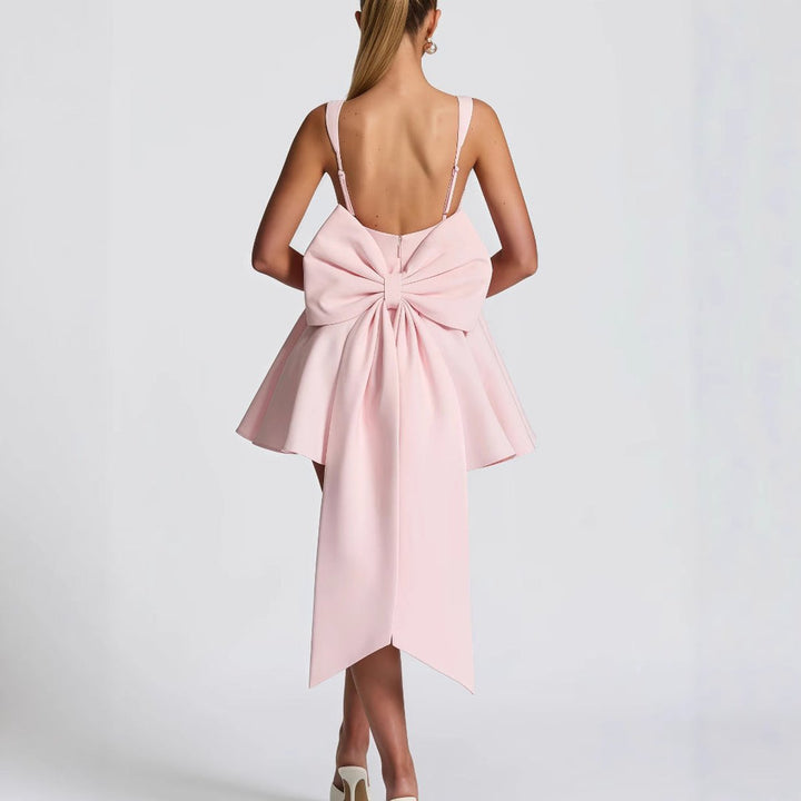 Square-Neck Flared Mini Cocktail Dress with Bow Back