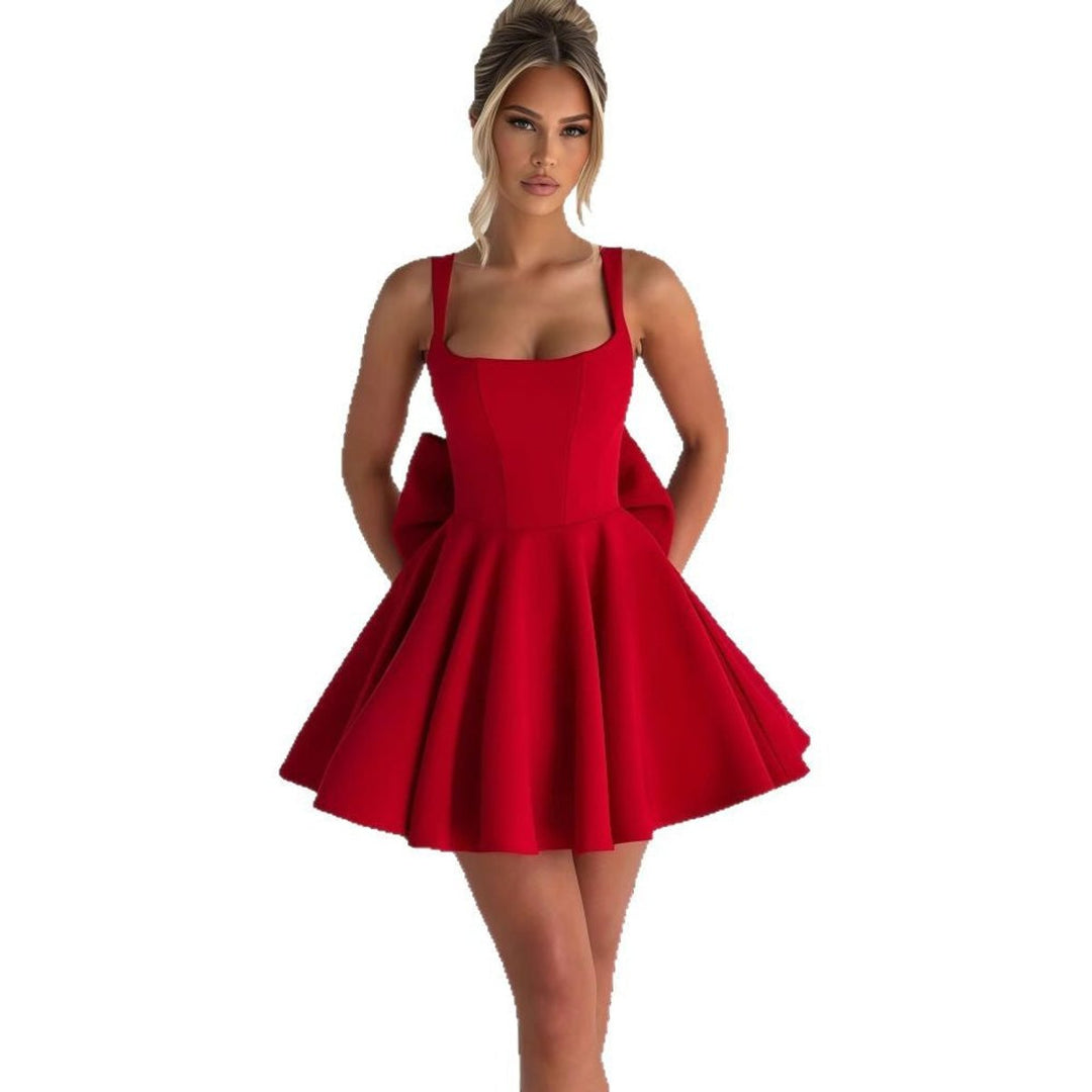 Square-Neck Flared Mini Cocktail Dress with Bow Back