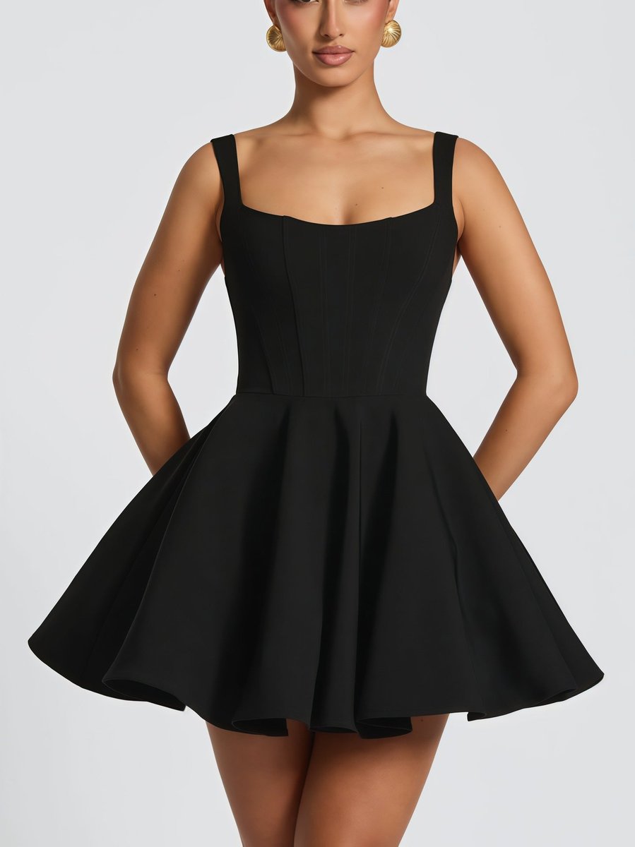 Square-Neck Flared Mini Cocktail Dress with Bow Back