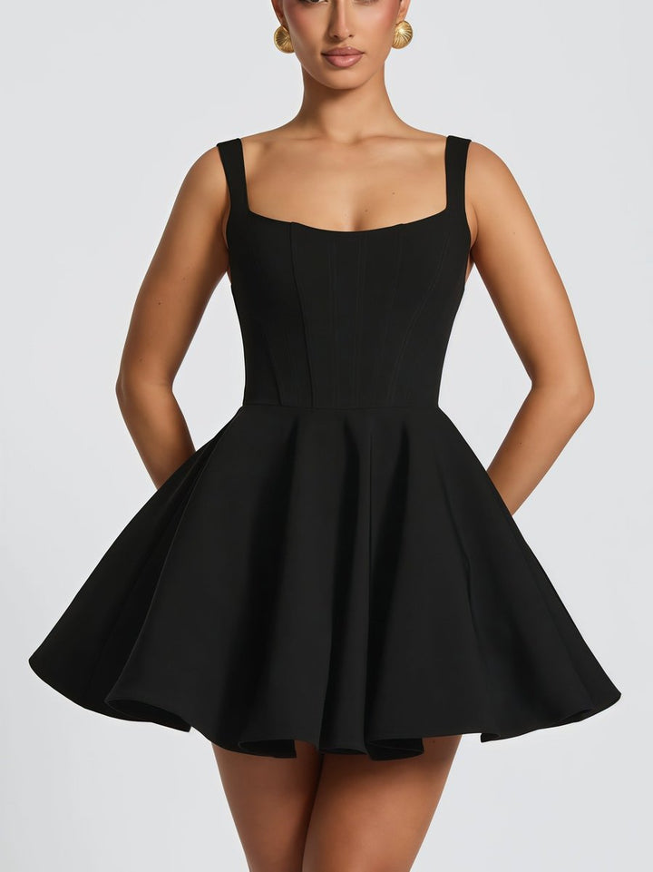 Square-Neck Flared Mini Cocktail Dress with Bow Back