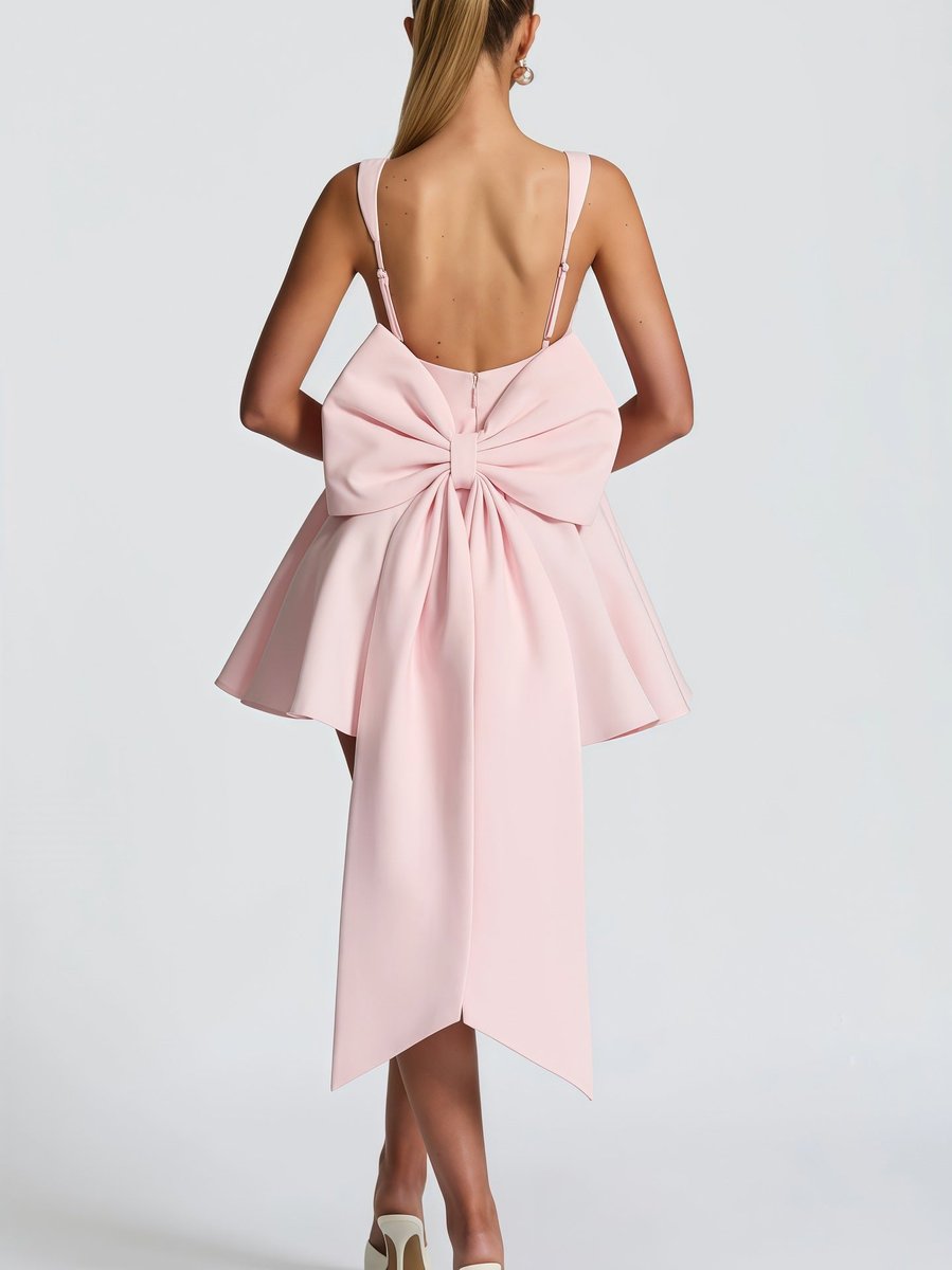 Square-Neck Flared Mini Cocktail Dress with Bow Back
