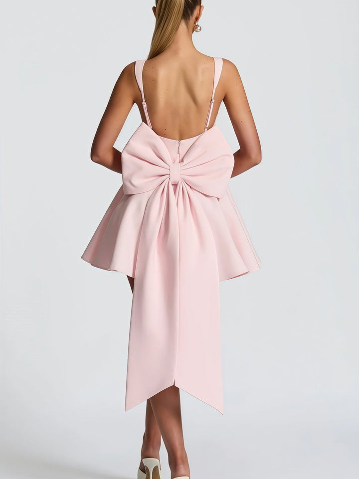 Square-Neck Flared Mini Cocktail Dress with Bow Back