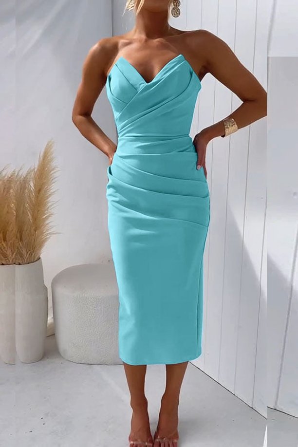 Strapless Draped Sweetheart Midi Dress