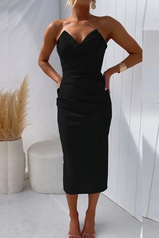Strapless Draped Sweetheart Midi Dress
