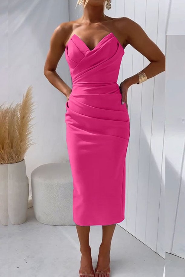 Strapless Draped Sweetheart Midi Dress