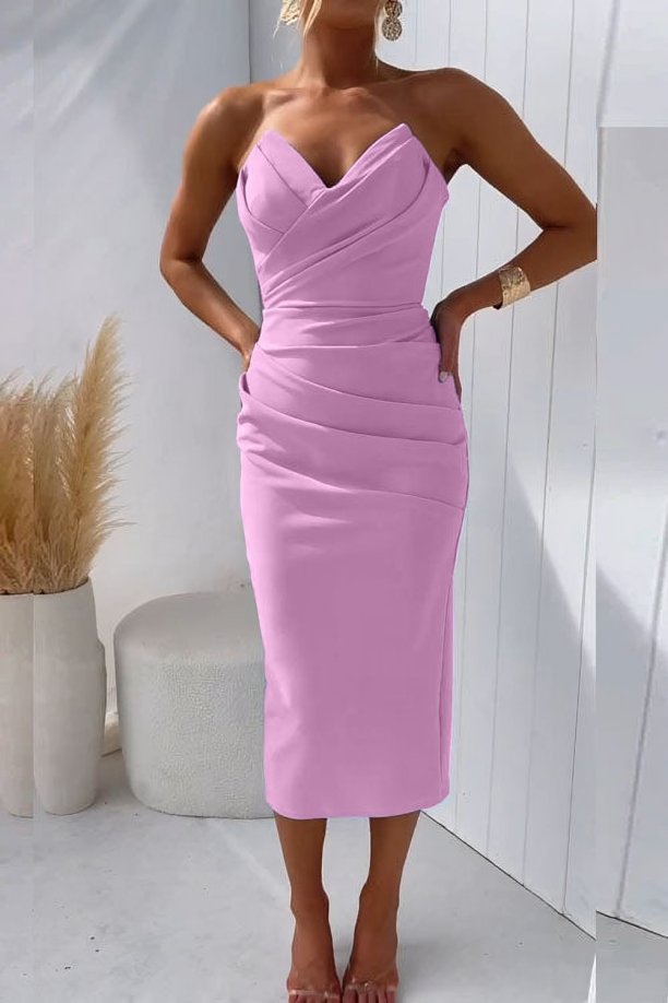 Strapless Draped Sweetheart Midi Dress