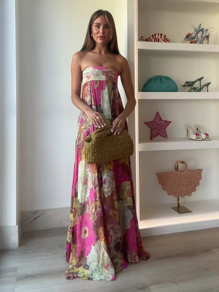Strapless Floral Maxi Wedding Guest Dress
