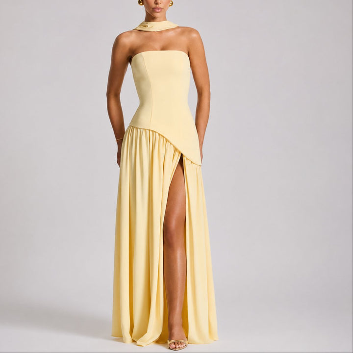 Strapless Open-Back Maxi Dress with Scarf Detail