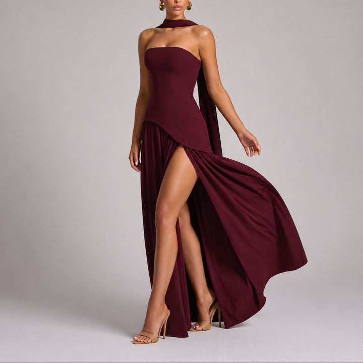 Strapless Open-Back Maxi Dress with Scarf Detail