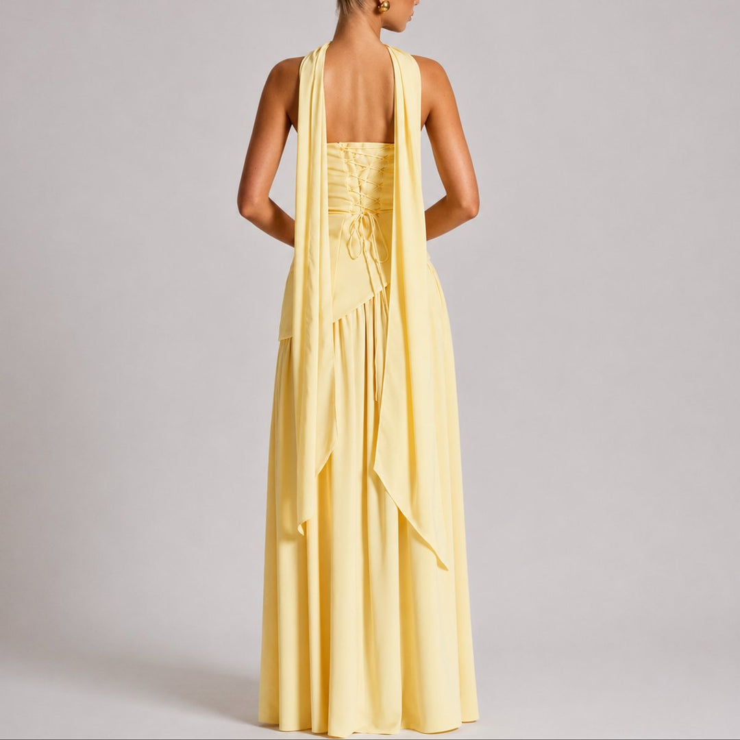 Strapless Open-Back Maxi Dress with Scarf Detail
