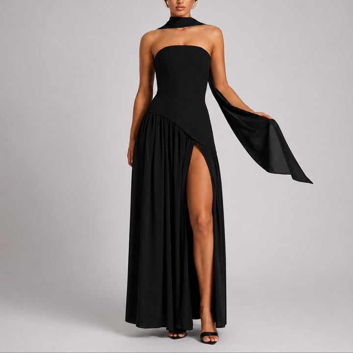 Strapless Open-Back Maxi Dress with Scarf Detail