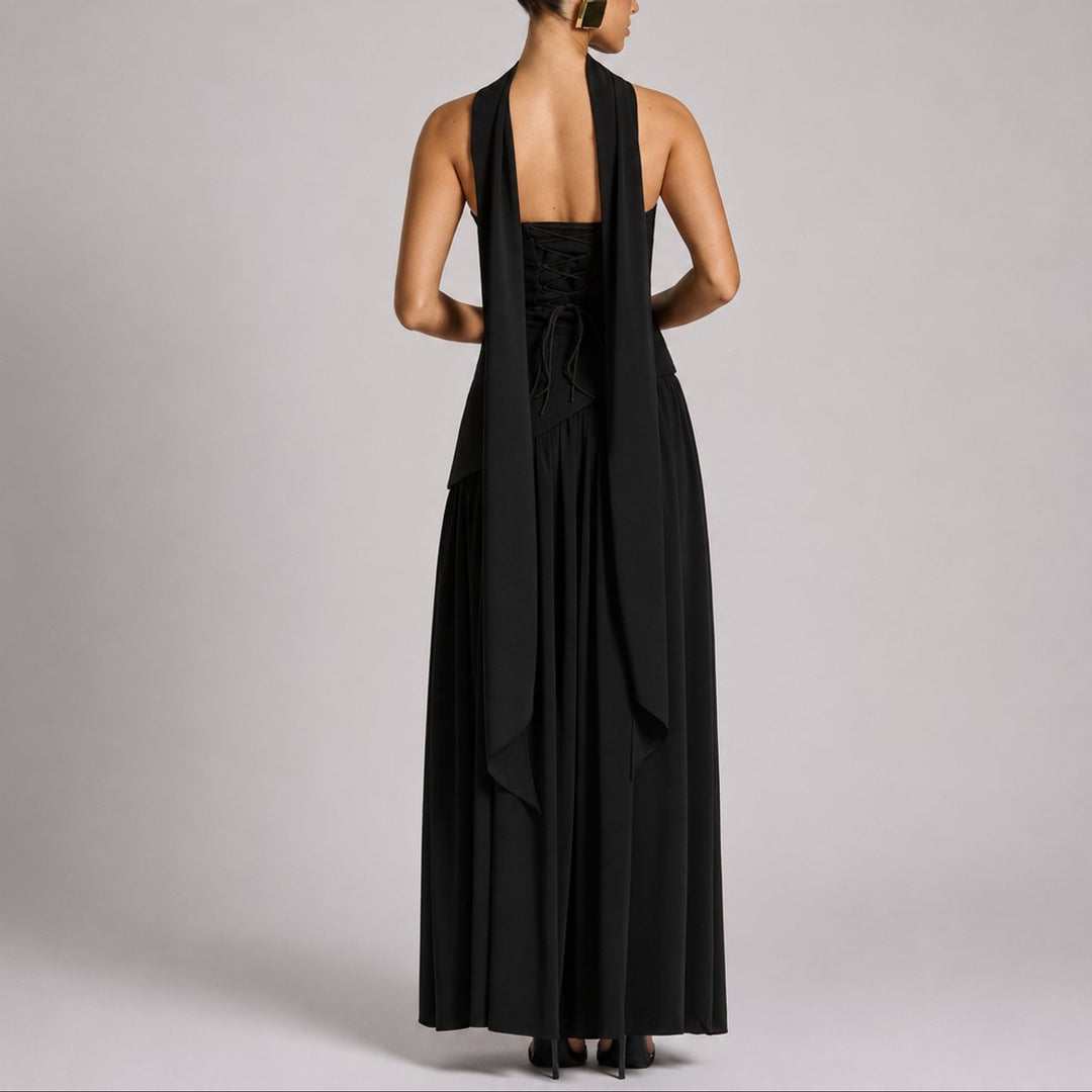 Strapless Open-Back Maxi Dress with Scarf Detail