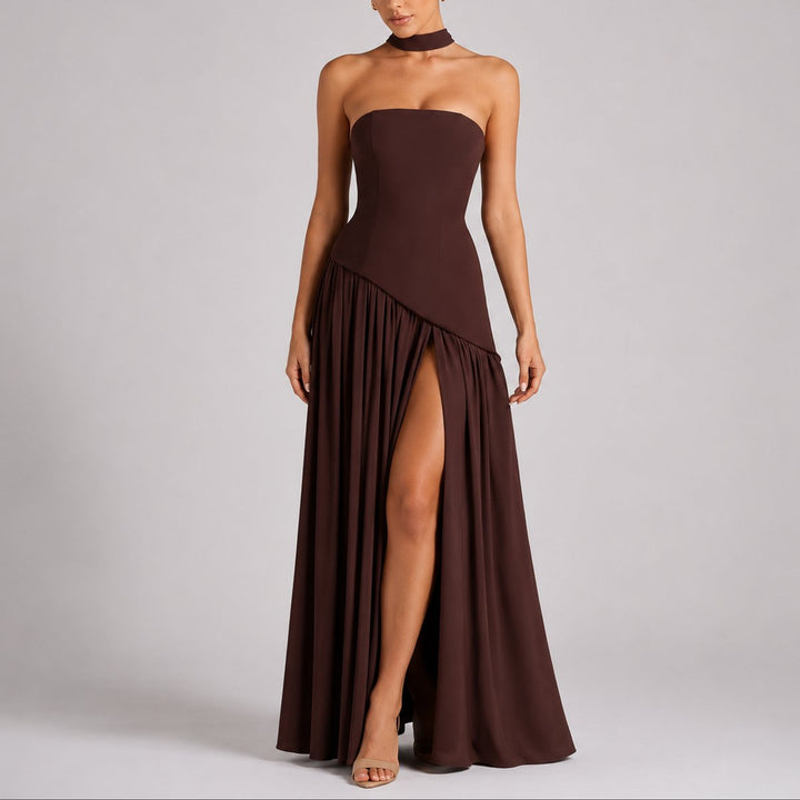 Strapless Open-Back Maxi Dress with Scarf Detail