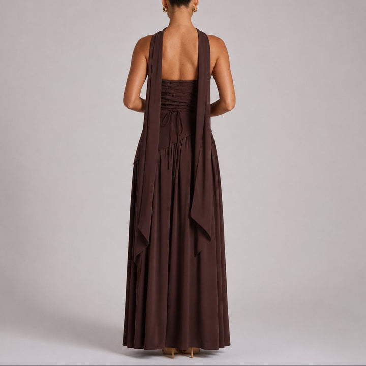 Strapless Open-Back Maxi Dress with Scarf Detail