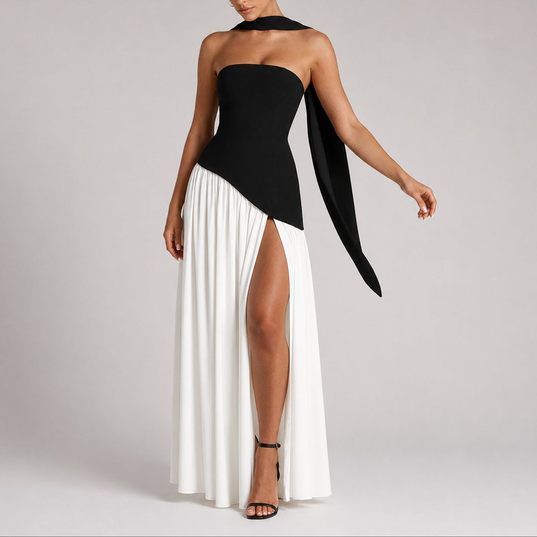 Strapless Open-Back Maxi Dress with Scarf Detail