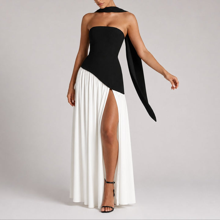 Strapless Open-Back Maxi Dress with Scarf Detail