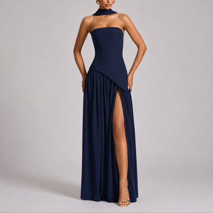 Strapless Open-Back Maxi Dress with Scarf Detail
