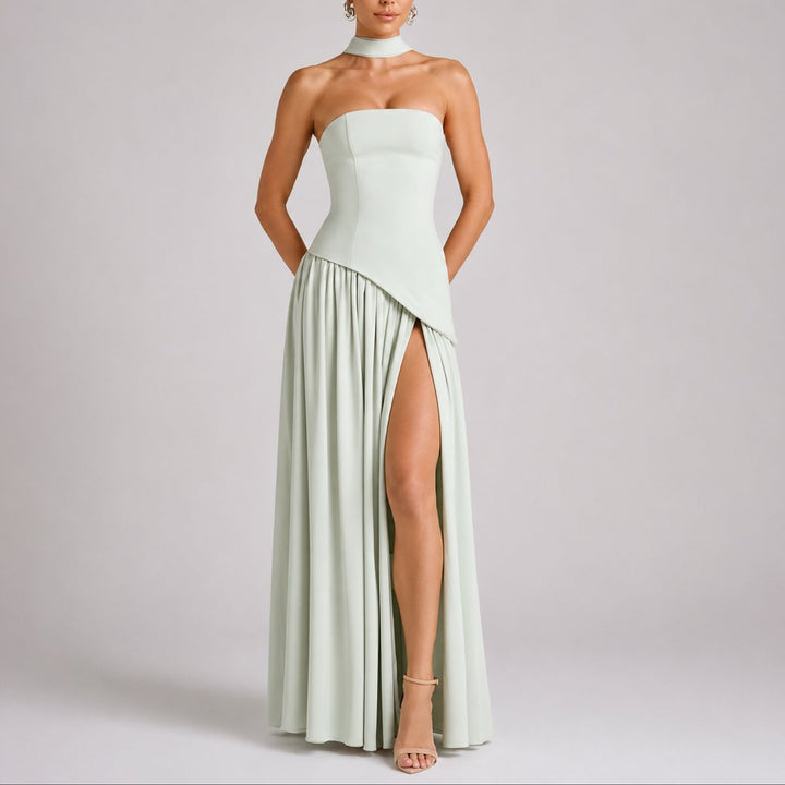 Strapless Open-Back Maxi Dress with Scarf Detail