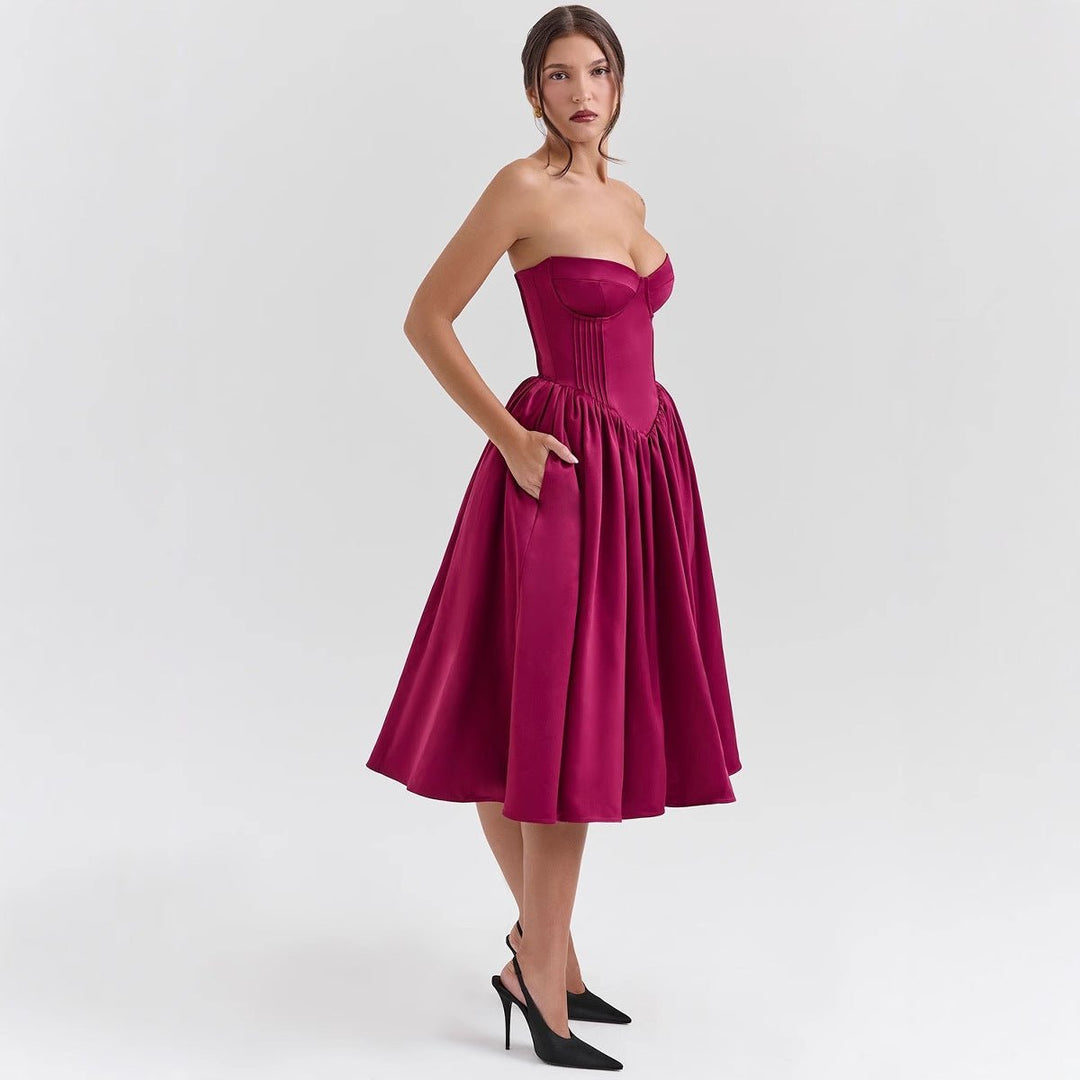 Strapless Satin Corset Midi Dress