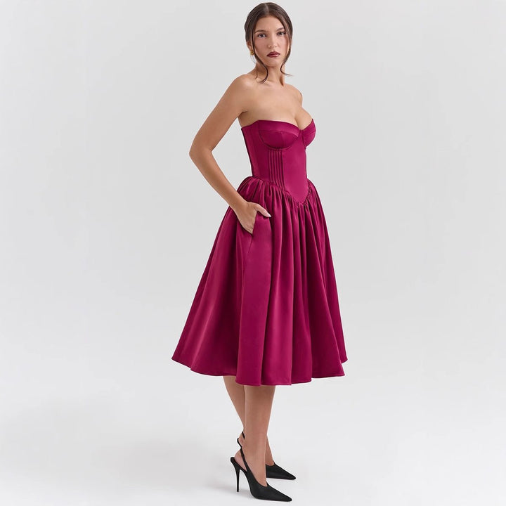 Strapless Satin Corset Midi Dress