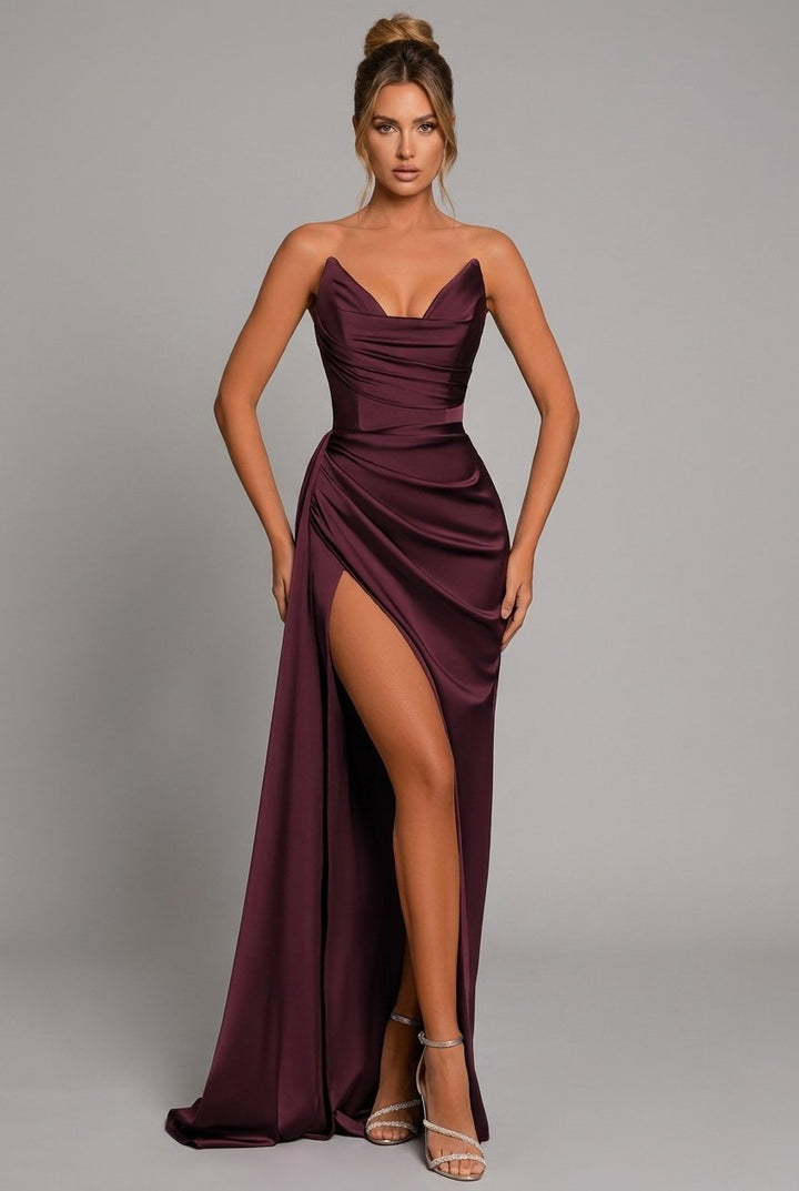 Strapless Satin Maxi Dress with Ruched Bodice