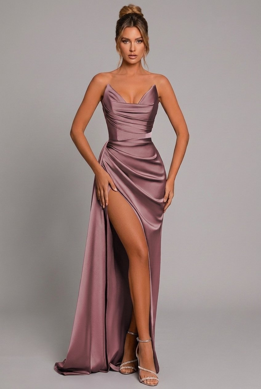 Strapless Satin Maxi Dress with Ruched Bodice