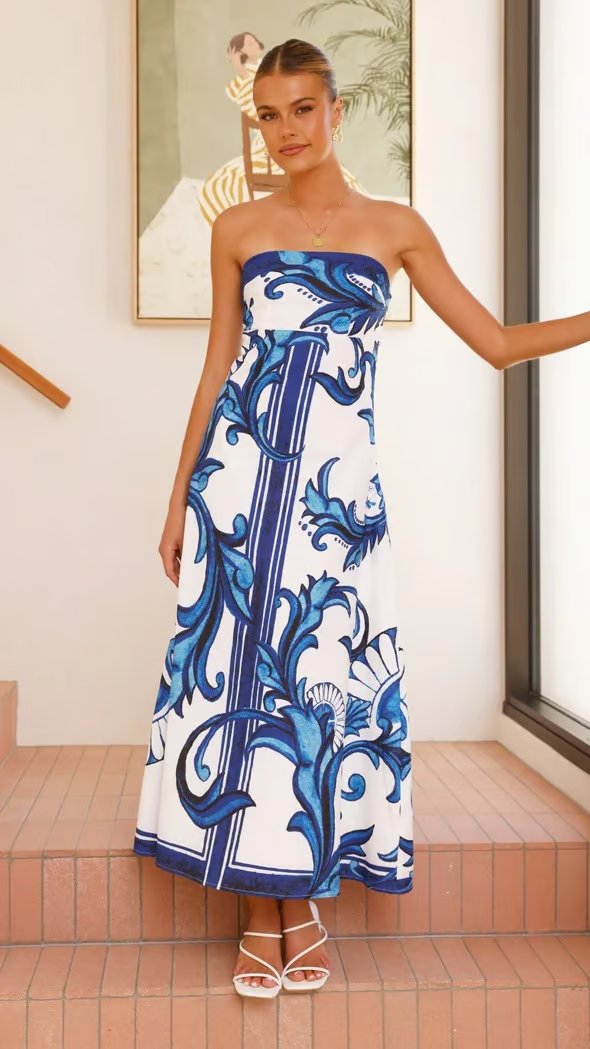 Strapless Vintage Printed Maxi Tube Dress