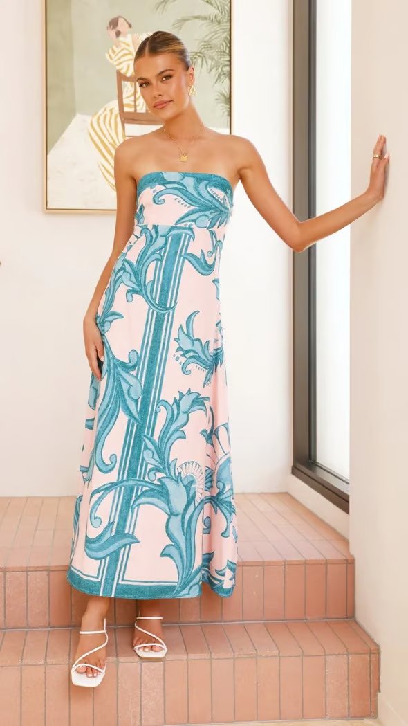 Strapless Vintage Printed Maxi Tube Dress