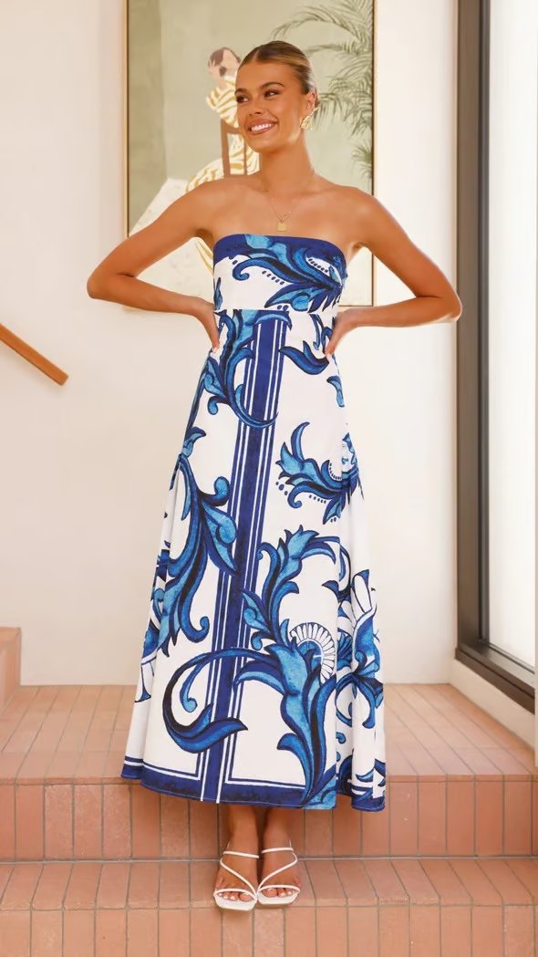 Strapless Vintage Printed Maxi Tube Dress