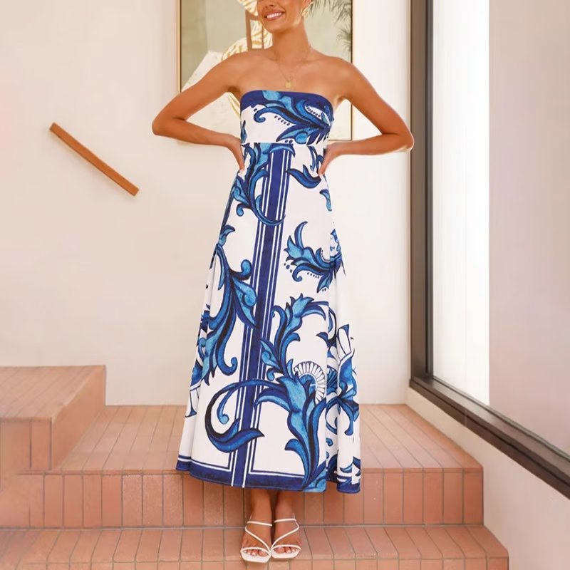 Strapless Vintage Printed Maxi Tube Dress
