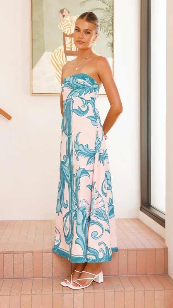 Strapless Vintage Printed Maxi Tube Dress