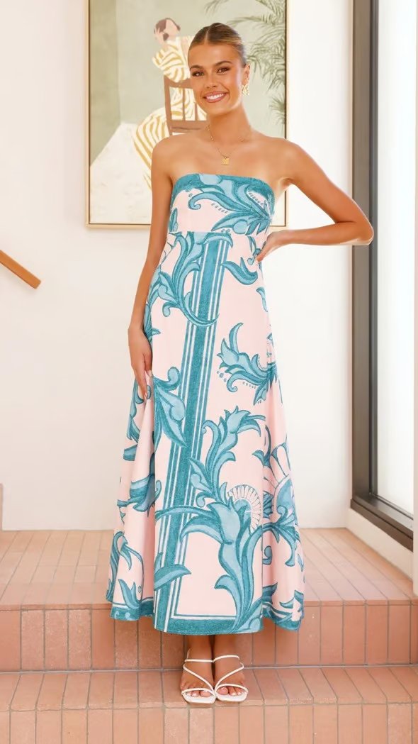 Strapless Vintage Printed Maxi Tube Dress