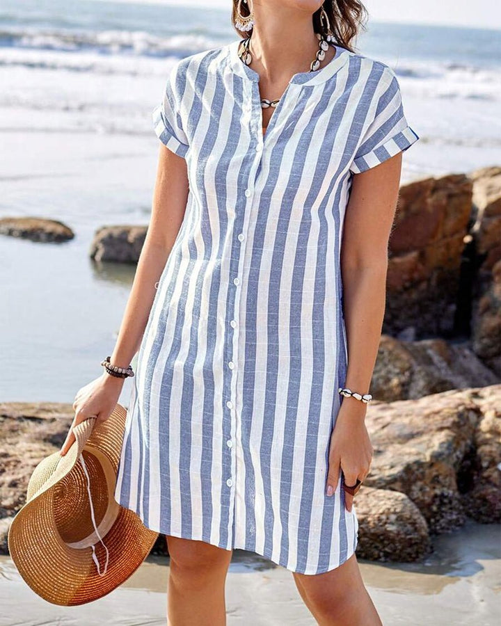 Striped Button-Up Short-Sleeve Shirt Dress