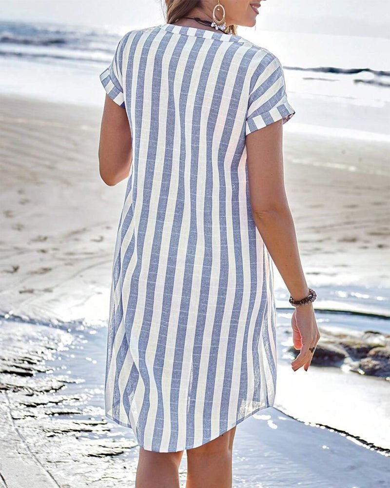 Striped Button-Up Short-Sleeve Shirt Dress