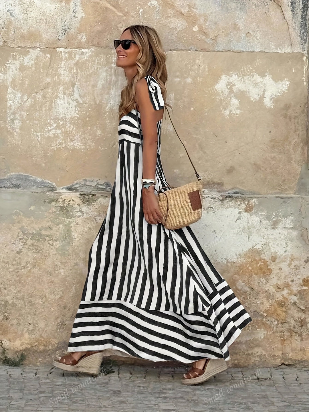 Striped Tie-Strap Flared Maxi Dress