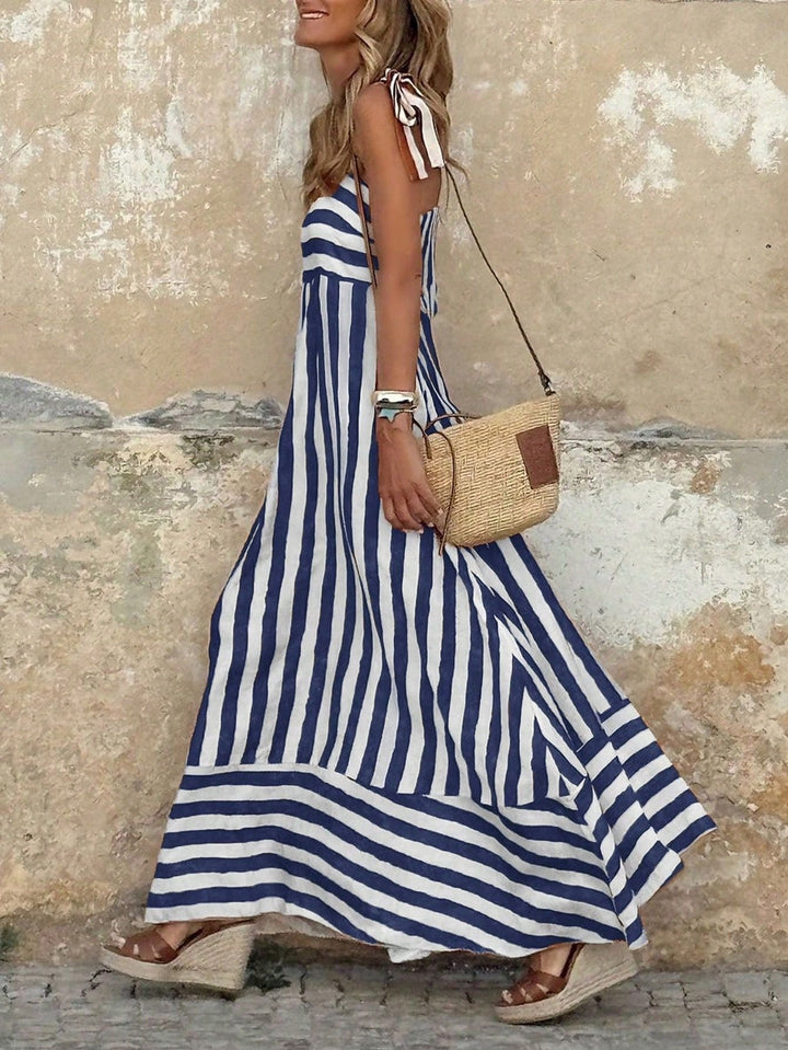 Striped Tie-Strap Flared Maxi Dress