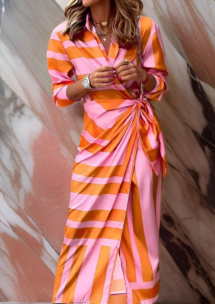 Striped Wrap Midi Long Sleeve Dress