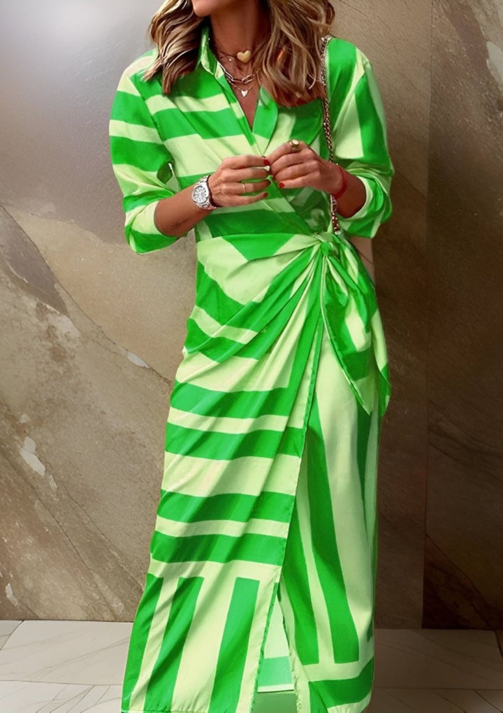 Striped Wrap Midi Long Sleeve Dress