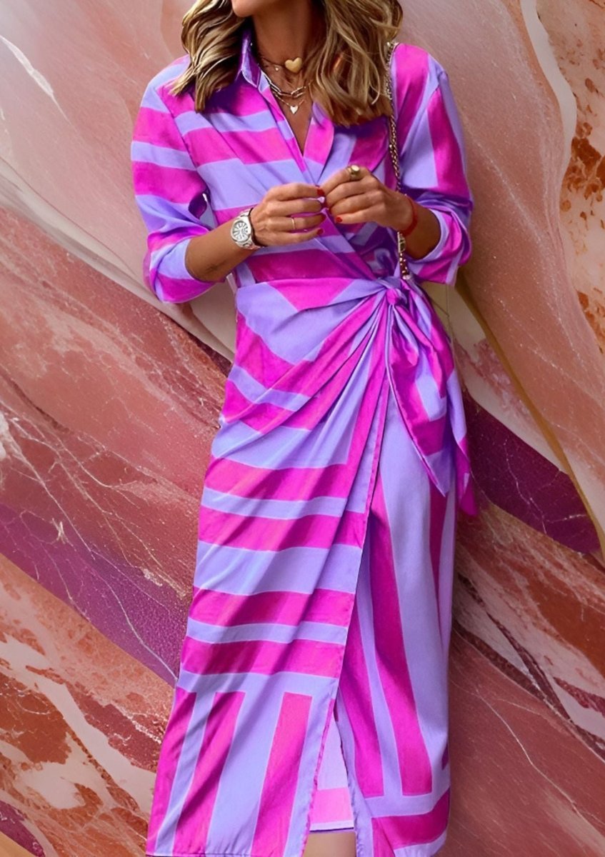 Striped Wrap Midi Long Sleeve Dress