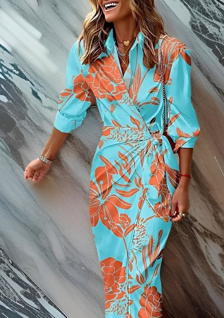 Striped Wrap Midi Long Sleeve Dress