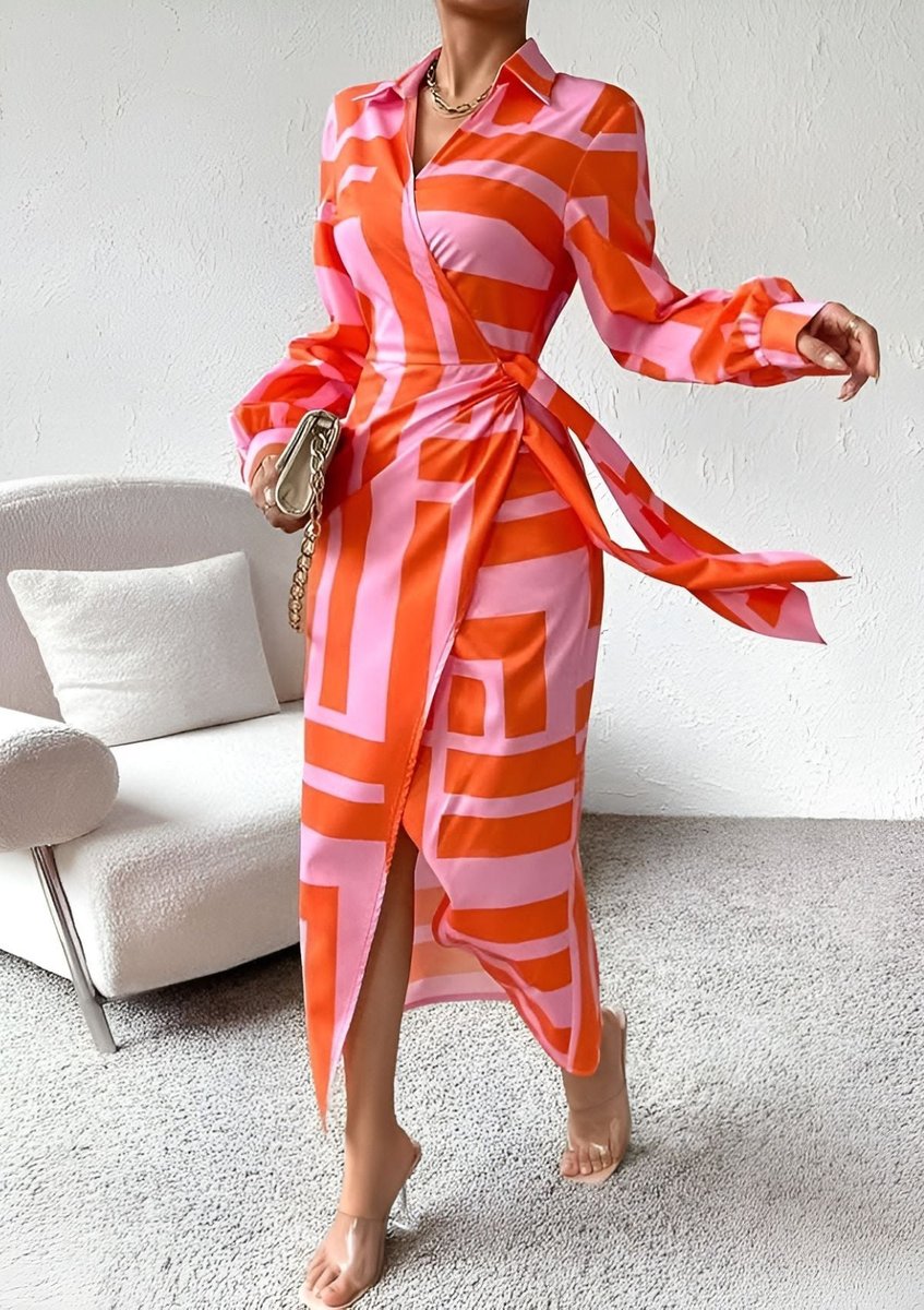 Striped Wrap Midi Long Sleeve Dress