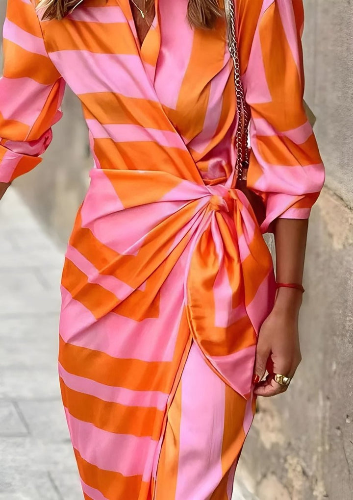 Striped Wrap Midi Long Sleeve Dress