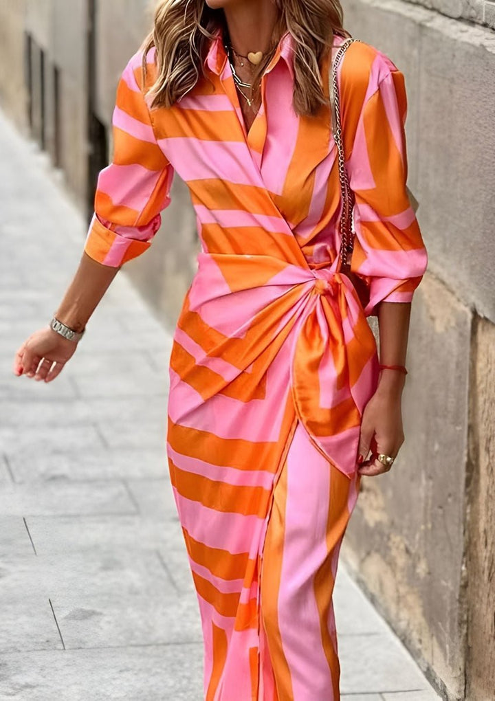 Striped Wrap Midi Long Sleeve Dress