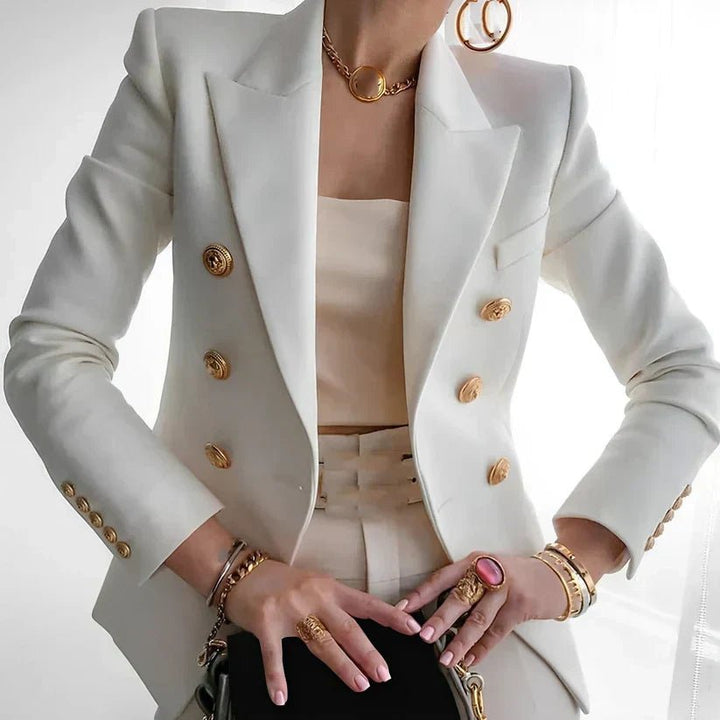 Structured Double-Breasted Gold-Button Blazer