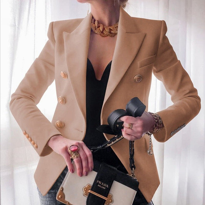Structured Double-Breasted Gold-Button Blazer