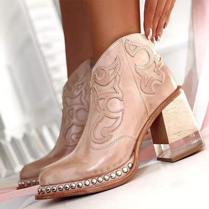 Studded Western Block Heel Ankle Boots