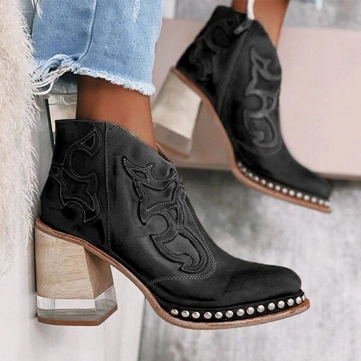 Studded Western Block Heel Ankle Boots