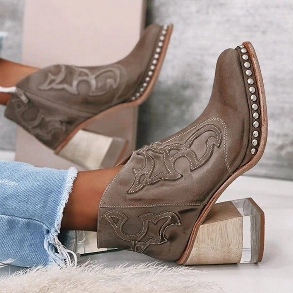 Studded Western Block Heel Ankle Boots