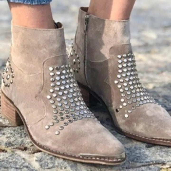 Studded Suede Pointed-Toe Block-Heel Ankle Boots
